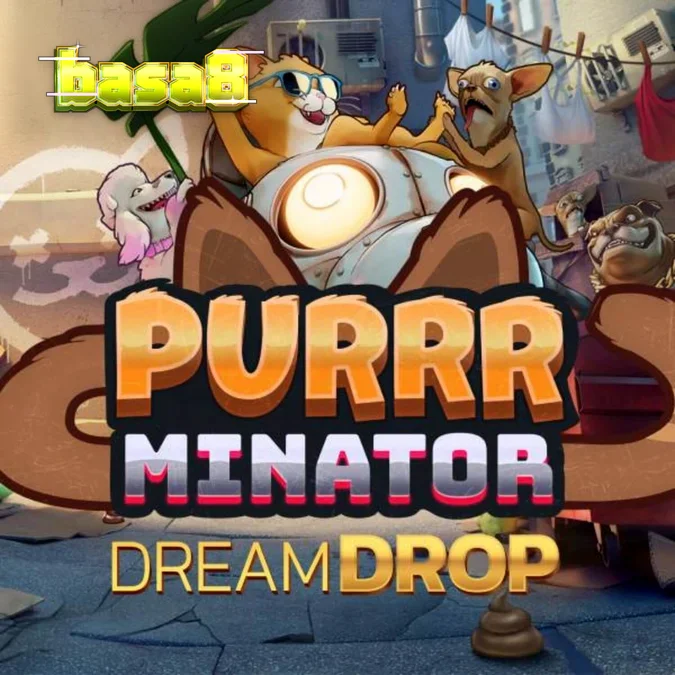 Purrrminator Dream Drop স্লট গেমের একটি দৃশ্য যেখানে রোবোটিক বিড়াল এবং নিয়ন শহরের পরিবেশ দেখা যাচ্ছে